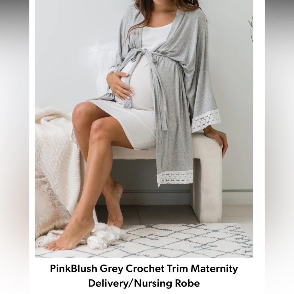 Grey Crochet Trim Maternity Delivery/Nursing Robe
